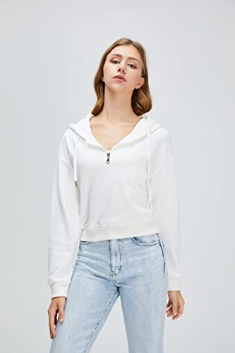 Germinate Cropped Half Quarter Zip Up Hoodie Women Pullover Lightweight Cotton Zipper White Crop Sweatshirt (As1, Alpha, M, Regular, Petite, White) #TOP4