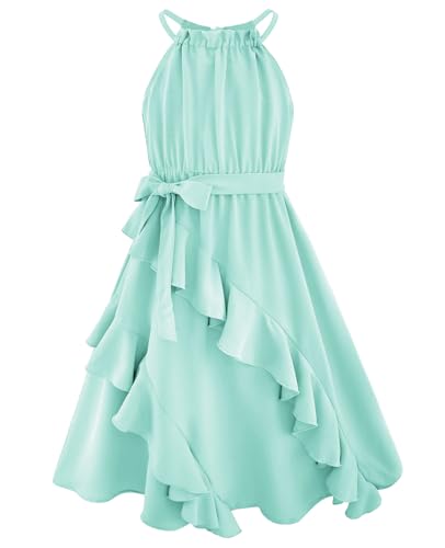 Girls' Dresses Kids Casual Summer Spring Halter Sleeveless Dress Tween Semi Formal Party Tiered Ruffle Sundress Size 8-10 Mint Green
