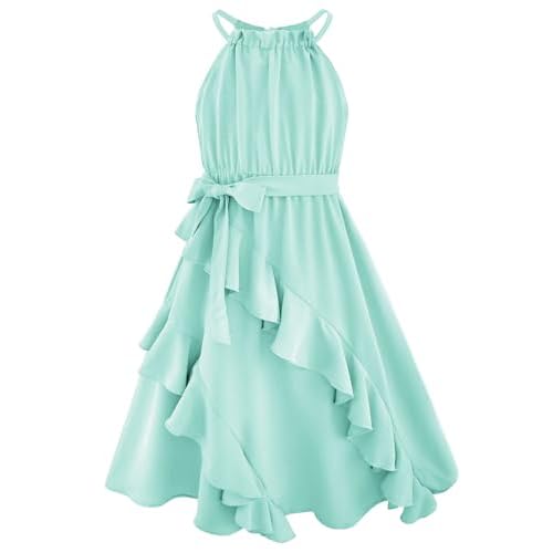 Girls Dresses Tween Halter Tie Back Tiered Ruffle A-Line Flowy Dress Summer Sleeveless Sundress Size 5-14 Years 10-12 Years Mint Green