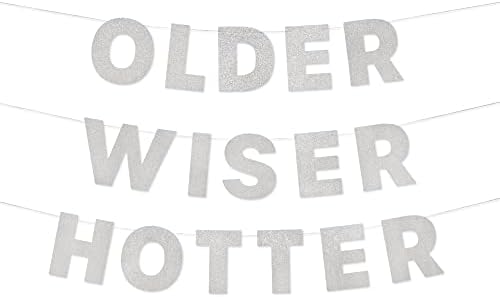 xo, Fetti Older Wiser Hotter Glitter Banner - Silver, 3 Ft. | Fun Birthday Party Decorations, 30th Birthday Decor, HBD, Gag Gift, Photobooth Backdrop