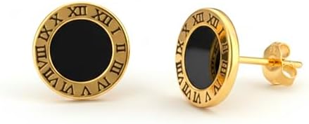 Stainless Steel Round Earrings with Roman Numerals, Black Centre,...