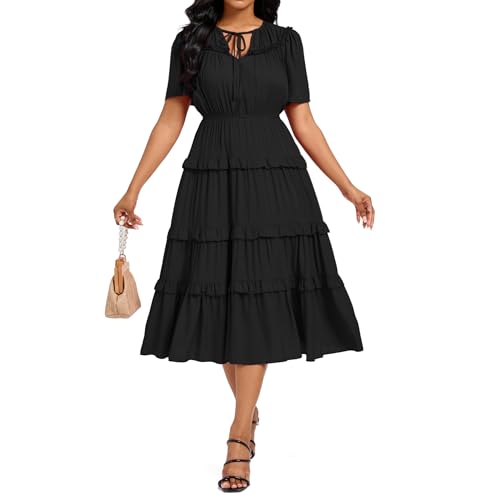 Image of Women's Short Sleeve Summer Boho Pleated Rayon Mid Dresses with Pockets for Wedding Guest