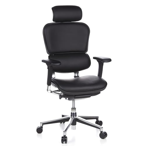 hjh OFFICE 652200 Luxus Chefsessel ERGOHUMAN ergonomischer Bürostuhl mit Vollausstattung, Originales Design, Leder Schwarz, 142.0 x 61.0 x 48.0