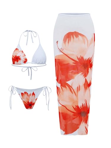 SweatyRocks Women's Halter Triangle Floral Bikini Set 3 Piece Swimsuit with Beach Cover Up Skirt
