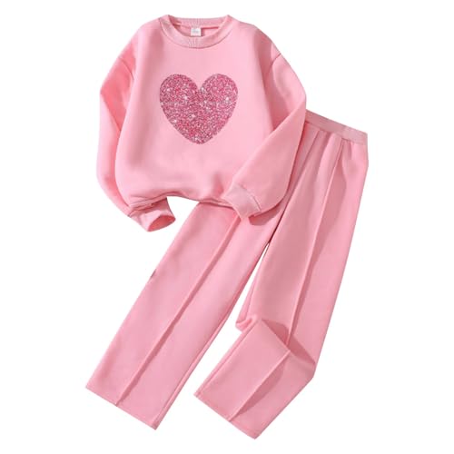 Girls Preppy Athletic Jogger Set Cute Heart Cotton Long Sleeve Pullover Sweatshirts Elastic Waist Plain Baggy Pants Set