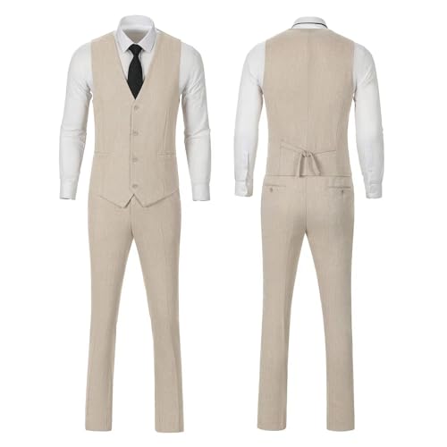 Image of Retro 3 Piece Suit Tweed Herringbone Men's Suits Slim Fit Groom Tuxedos Set Prom Brown Grey Jacket Blazer Vest Pants