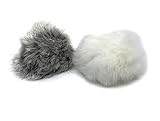 Echtfell 2 x Katzenspielzeug - Pompom Flausch Ball aus Hasenfell, Echtfell Weiß/Grau