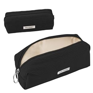 huoflame Federmäppchen Cord-Stoff – Großes Retro Mäppchen für Schule Büro Teenager Damen – Kosmetiktasche & Stiftetasche mit Reißverschluss, Rosa & Schwarz, Cord Mäppchen Geschenkidee (Schwarz)