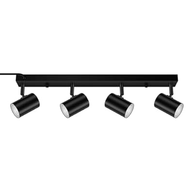 AUQUEE 4 Light Track Lighting Kit,Black 4 Way LED Plug in Ceiling Spotlight,Industrial GU10 Wall Light for Kitchen Cabinet Gallery Bar Hallway Living Room,Rocker Switch,15 Foot Cord(No Bulb)