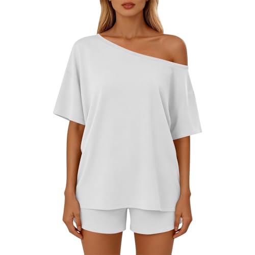 Womens 2 Piece Summer Shorts Set One Shoulder Short Sleeve Tops Spring Beach Vacation Outfits 2026 Sweatsuits Gray
