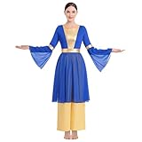 Praise Dance Dress for Women Long Sleeve Chiffon Overlay and Tunics Gold Baggy Pant Lyrical Liturgical Dancewear Vestido de Danza Cristiana Contemporary Worship Costume Royal Blue L