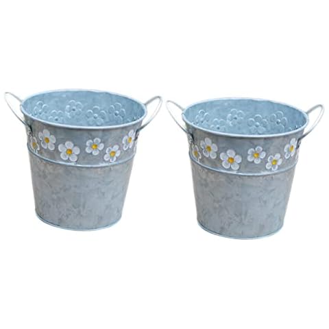 HANABASS 2pcs French Container Handle Oval Metal Garden Style Artificial Pots Plant Tin Embossed Double- Retro Vase Flower Holder Round Succulents Country Daisy Bucket with Galvanized for Cover