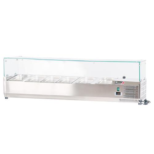 ROMUX® Vitrina de Ingredientes Refrigerada 150x39x44 cm de Acero Inoxidable 6 Cubetas GN 1/3 | Nevera de Ingredientes con Termostato Digital Dixell | Mostrador Vitrina refrigeradora