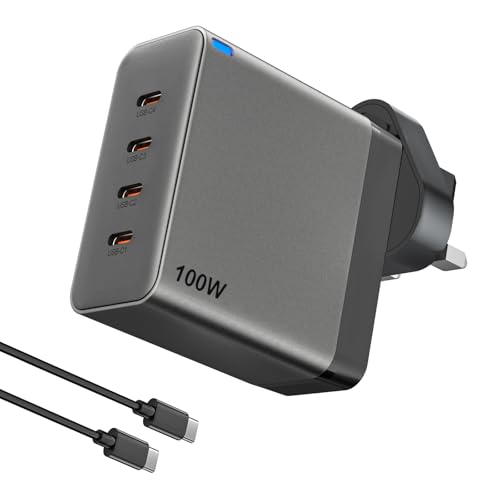 Bestwist 100W GaN Charger, 4-Port USB C Wall Charger with PD 3.0 | UK Plug | For MacBook Pro, Dell XPS Laptop, iPad, iPhone, Samsung Phone - Black