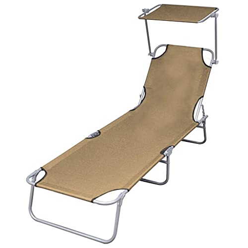 QUAHEAS Tumbona plegable con protección solar, marco de acero, color topo, 189 x 58 x 27 cm, para jardín, playa, piscina, relajación al aire libre