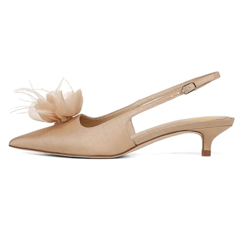 Pazzion Women Elegant Flowers Pointy Toe Slingback Pumps Low Kitten Heel Easy Buckle Strap Slip On Sandals Dressy Shopping Party Shoes Size 4-16 US2