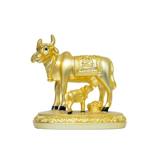 Image of Gold Matte Kamdhenu Cow with Calf Idol | Small Size Gold-Plated Holy Cow & Calf Statue | Divine Symbol of Wealth & Abundance | Festival & Housewarming Gift | Size 8.5cm x 5cm x 5.5cm