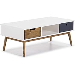 VS Venta-stock Mesa Centro Leti Blanco, Pino Macizo, 2 cajones, 110 cm