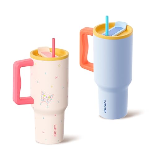 CAROTE 2-Pack Insulated Stainless Steel Water Bottles with Handle, Travel Tumblers with Straw for Sports & Daily, 34 oz Heart Paradise Straw Tumbler Set of Two (Pink & Blue)