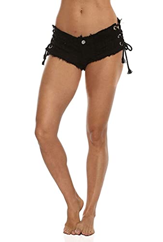 Soojun Women's Low Rise Lace Up Cheeky Mini Denim Shorts Clubwear, Medium, 2 Black - Thumbnail 2