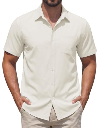 COOFANDY Mens Short Sleeve Button Down Dress Shirts Summer Casual Shirts Wrinkle Free Shirts with Pocket Cream