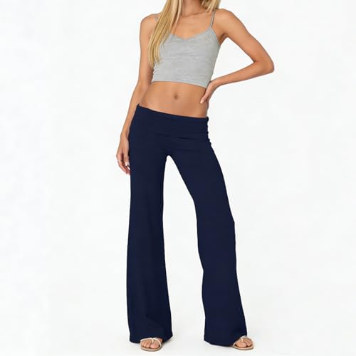 Image of Lounge Yoga Pants for Women Fold Over Low Waist Wide Leg Bell Bottoms | Y2K Foldover Pants, Flare Leggings, Low Rise Yoga Sweatpants