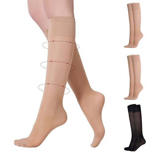 Yilanmy 3 Pairs Sheer Compression Socks for Women 8-10 mmHg Knee High Stockings Support Work Office Travel Daily Wear