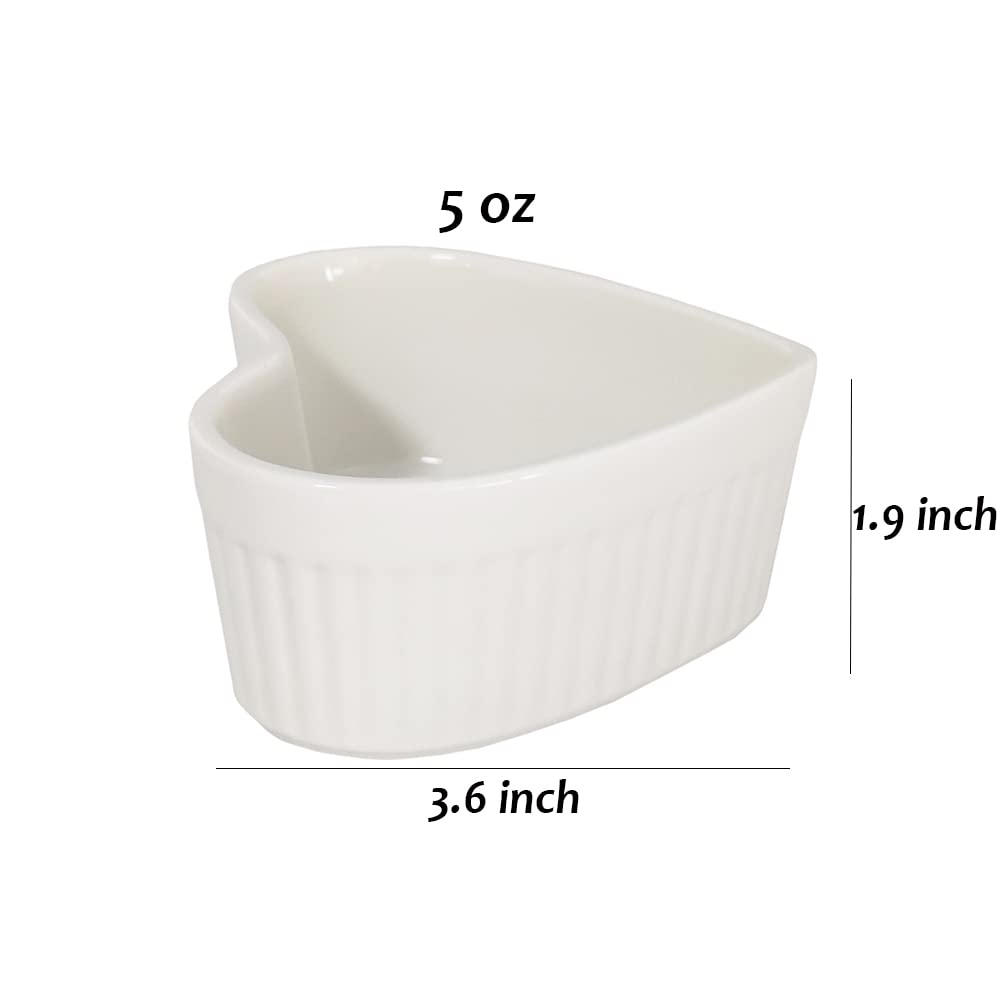 Sizikato Platos de porcelana blanca en forma de corazón, ramequines, 3.6 pulgadas para soufflé, crema brulee y salsas de inmersión, juego de 4