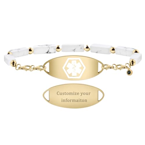 Custom Gemstone Medical ID Bracelets Engraved with Allergy, Diabetes, Epilepsy Alert Information for Women & Men