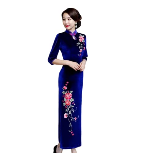 CBROOT Women's Cheongsam Dress -Fashion Embroidery Floral Long Qipao Plus Size Autumn Winter Velvet Warm Slim Cheongsam Elegant Chinese Style Evening Wedding Dress,Blue,3XL