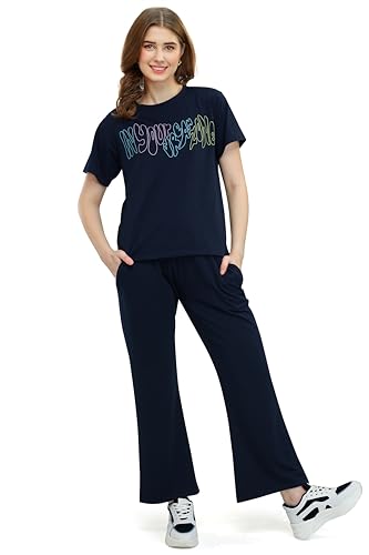 Image of ZEYO Women's Cotton Typography Wide Bottom Night Suit Set of Top & Pajama Set