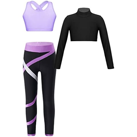 Freebily Kids Girls Activewear Set Turtleneck Crop Top with Sports Bras and Leggings Set Dance Gym Yoga Athletic Tracksuit Lavender 5-6 Years Cover