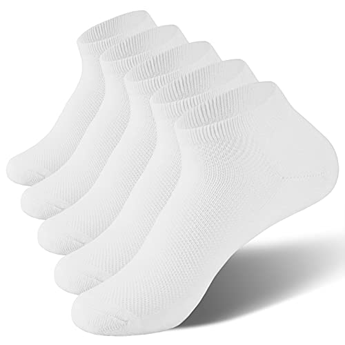 VoJoPi Calcetines Running Hombre, 5 Pares Algodon Calcetines Deporte Tobilleros, Calcetines Hombres Cortos con Anti-Rozaduras y Transpirables, para Fitness, Maratón, Tenis 39-46 - Blanco