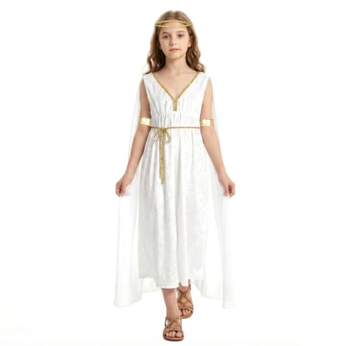 Alaoo Greek Clothing Girls Greek Goddess Performance Costume with Gold Armband Waist Rope Headdress Ancient Greek Goddess Girl Costume for World Book Day Christmas Halloween Size M