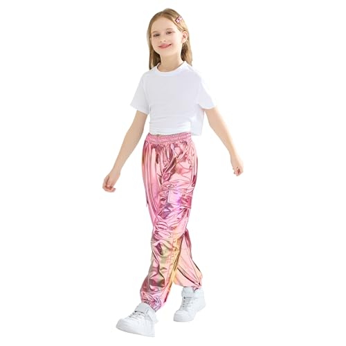 Image of Rolanko Girls Shiny Metallic Cargo Pants, Sparkle Jogger Pants for Girls Hip Hop Dance Streetwear Cargo Trousers 6-15 Years