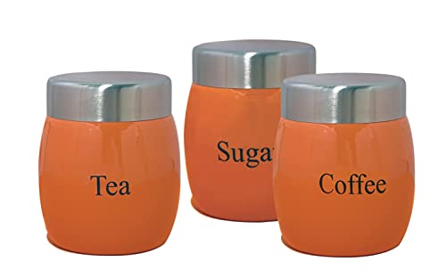 Nobel Set of 3 Stainless Steel Tea Coffee Sugar Canisters,Storage Barrel Style, Rust Resistant,Powder Coated Ideal for Kitchen Storage Coffee Granules, Tea Leaves & Bags & Sugar Cubes (ORANGE)