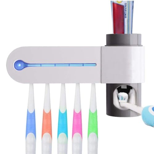 Image of JERN Plastic UV Toothbrush Holder Toothpaste Dispenser Wall Mounted Toothbrush Holder & Automatic Toothpaste Holder with 5 uv Toothbrush sanitizer Holder UV Toothbrush Cleaner Pump,White