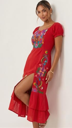 Image of YZXDORWJ Mexican Dress for Women Boho Embroidered Sexy Ruffle Maxi Dress Short Sleeve Summer Beach Wedding Party Dress