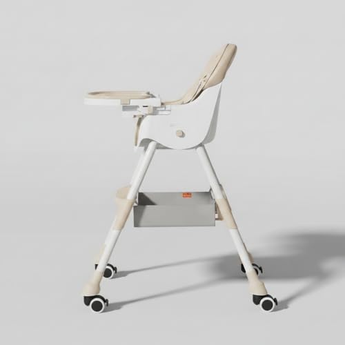 Image of Mealtime Plus Baby High Chair for Feeding, Adjustable Height, Double Food Tray, Seat Cushion, Storage Bag & Lockable Wheels, Foldable Feeding Chair for Babies & Toddlers, Beige