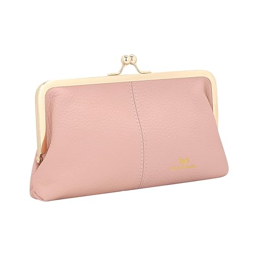 RFID Kiss Lock Wallet, Solid Color Multi-card Slots Card Holder, Genuine Leather Clutch Purses for Women 1468 (Pink)
