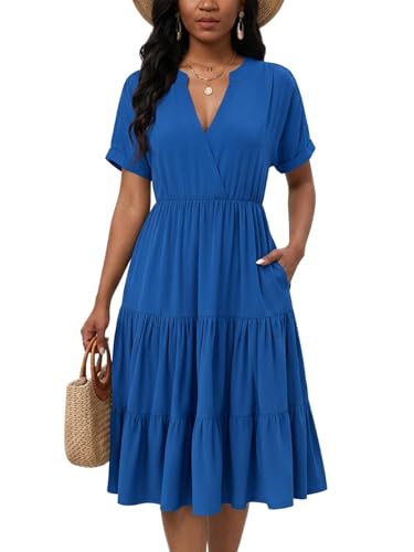 Image of PerZeal Women's Casual Tiered Midi Dress with Pockets - V Neck Short Sleeve Elastic Waist Ruffle Summer Dress for Daily Wear