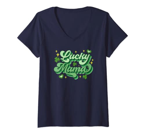 Mujer Lucky Mama, trébol retro vintage de 3 hojas en el día de San Patricio Camiseta Cuello V