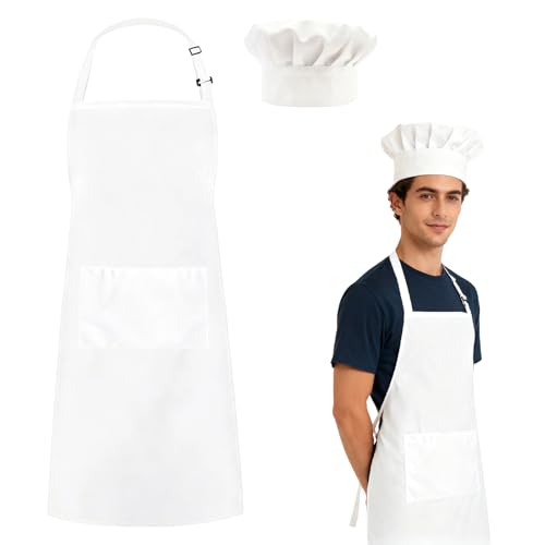 HX-pyahgtv Kochmütze Schürze Set Verstellbare Latzschürze Kochschürze Männer Frauen Latzschürze mit Tasche Weiß Kochmütze Atmungsaktive für Küche Restaurant Café Hause Backen BBQ