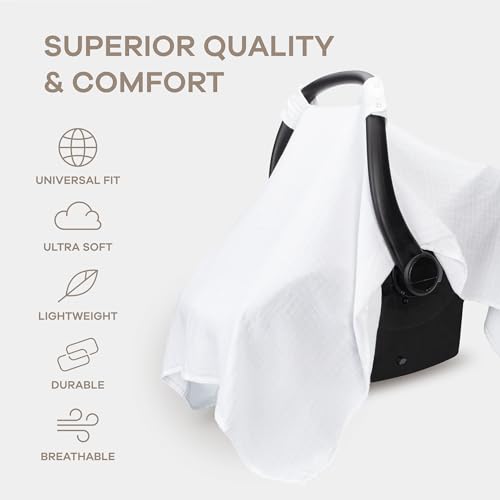 Image of Comfy Cubs Baby Car Seat Cover - Soft, Breathable Bamboo Rayon and Muslin Cotton Blend - Lightweight Canopy for Sun, Bug, and Comfort Protection - Large Size Infant Seat Cover in White Design