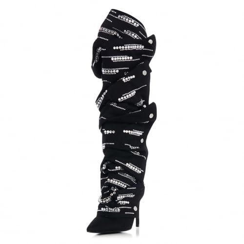 Women's suede Sparkly Rhinestone Stiletto Knee High Pointed Toe Zipper High Heel Shark Boots