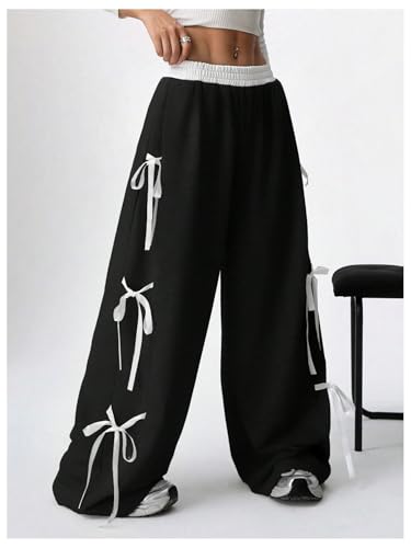 SHENHE Women's Wide Leg Baggy Sweatpants Elastic Waist Tie Bow Pants Loose Long Pants3