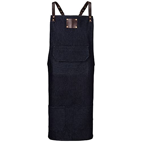 EXNER Vintage Segeltuch-Latz-Schürze mit Ledertaschen, für Gastronomie, Handwerk, Service, B 55 cm x L 89 cm, 100% Baumwolle, Farbe navy
