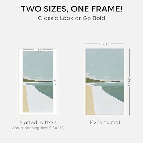 Image of Homeforia 14x24 White Picture Frame, High End Oak 14x24 White Wooden Poster Frames with Mat 11x22 for Print, 14 x 24 Wood Frame Matted to 11 x 22 Photo, 24x14 Frame, Tempered Glass, Wall Kit, Set of 2