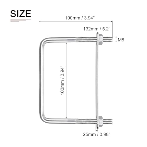 Image of DTGN M8x100x100mm(ThreadxWxL) Square U Bolt - 2Pack - Good for Trailer Pipe Replacement Parts - 304 Stainless Steel U Shape Bolts