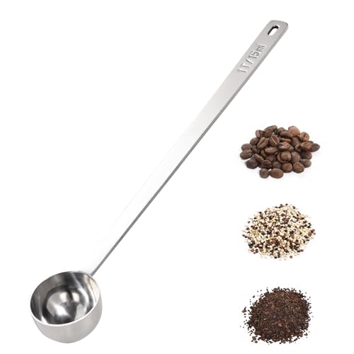 Doosu Cucchiaio dosatore per caffè, cucchiaio dosatore per caffè in acciaio inossidabile 18/8, manico extra lungo da 25,1 cm, per chicchi di caffè macinato, espresso (15ml, Argento)